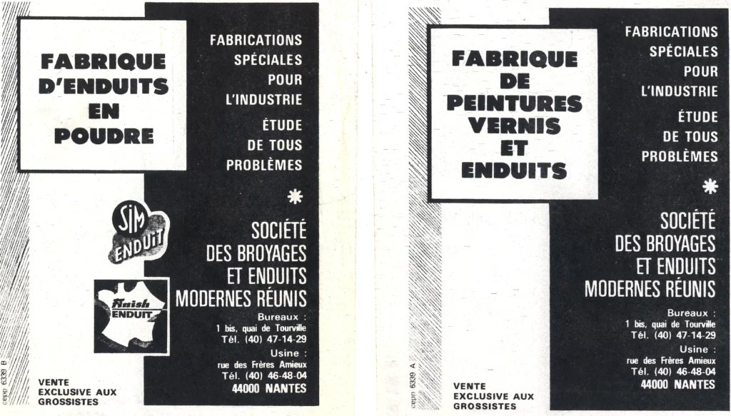 Flyers BEMR de 1978 : fabrication d’enduits en poudre, de peintures, vernis et enduits, fabrications spéciales pour l’industrie